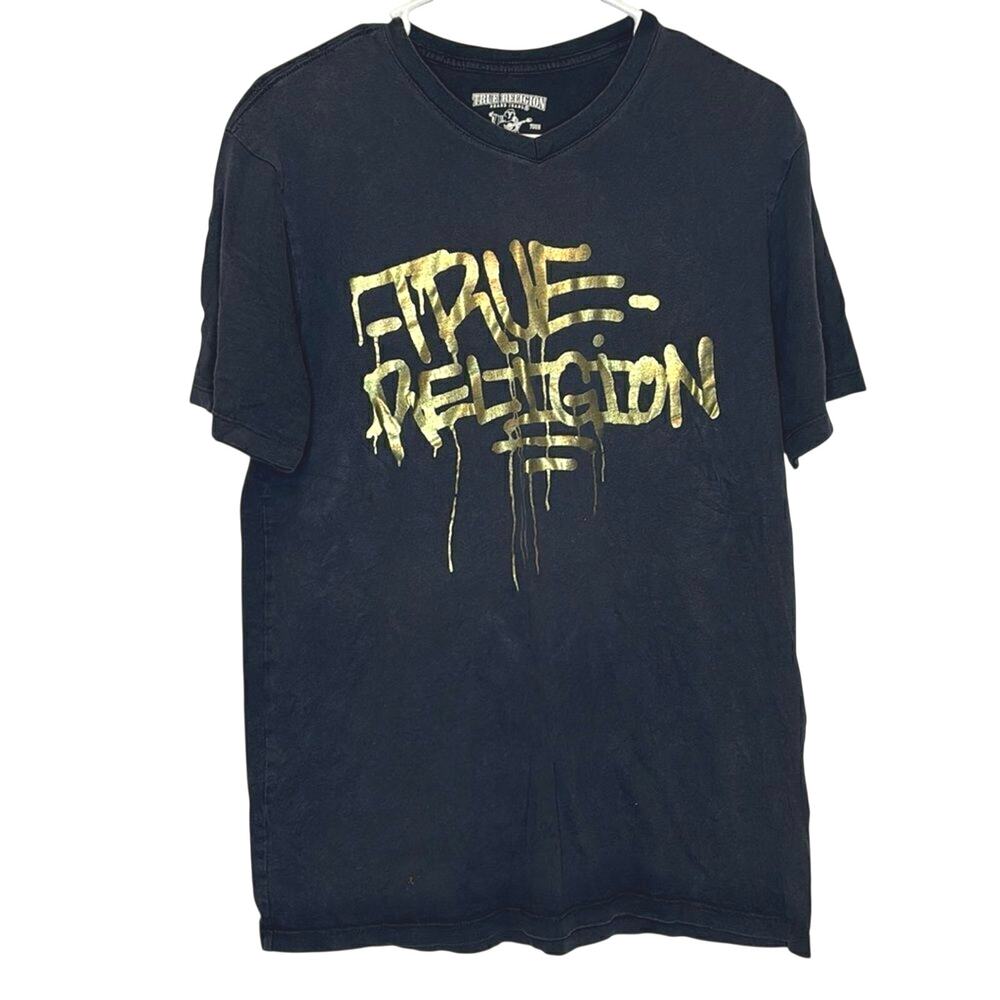 True Religion Black Gold Logo Graphic T-Shirt Men’s Medium Streetwear Cotton